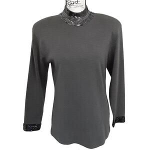 Vintage 90s Wool Collared Sweater Beaded Mock Neck Long Sleeve Gray M Dynasty